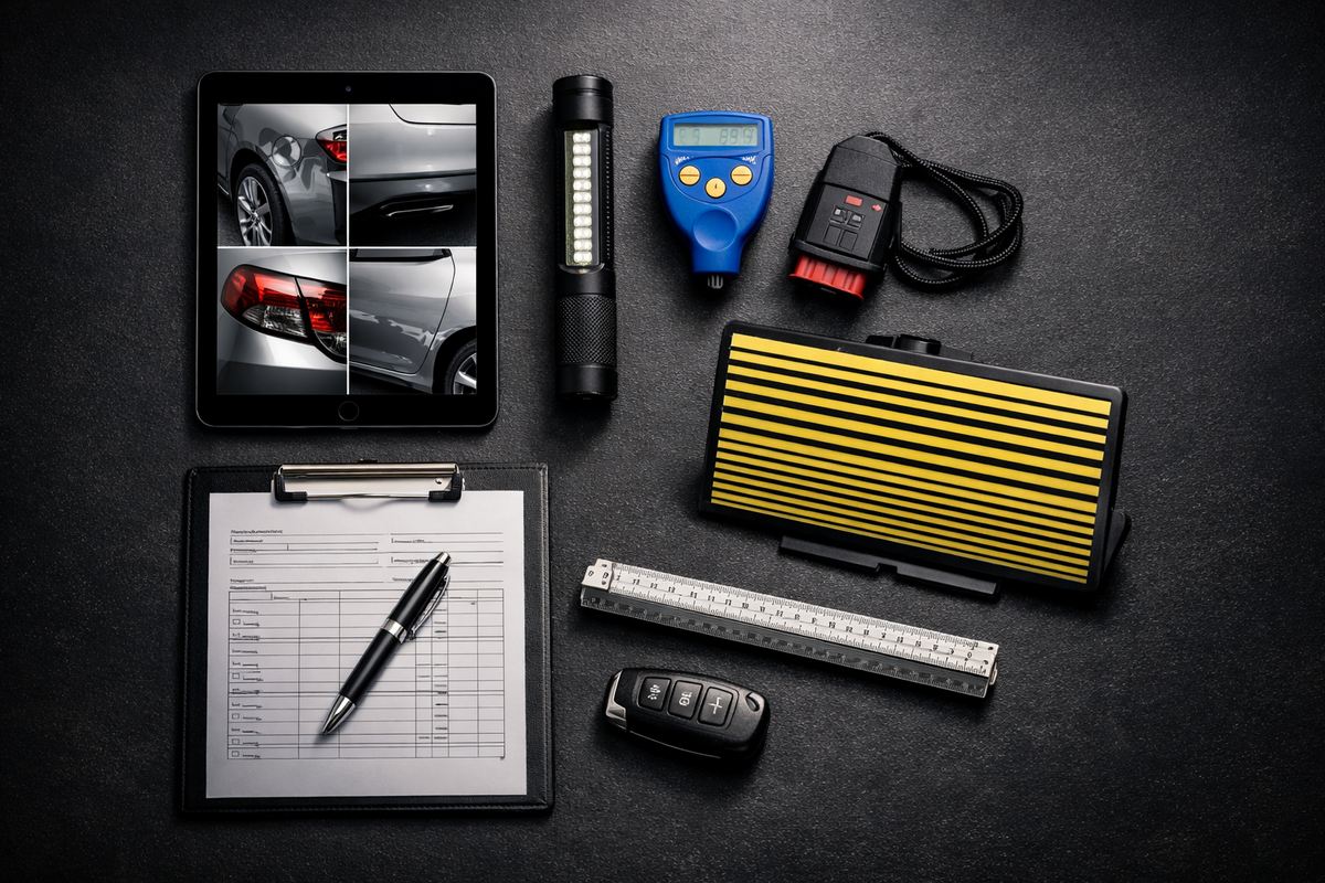 KFZ-Gutachter Ausrüstung: iPad mit Schadensfotos, Lackschichtdickenmessgerät, OBD2-Scanner, Dellenspiegel und Klemmbrett